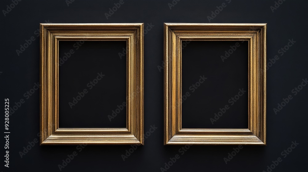 Two gold picture frames on black background Two gold picture frames on black background