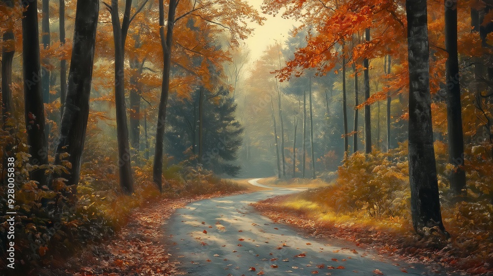 A tranquil forest path winds through tall trees adorned with vibrant autumn foliage, with fallen leaves scattered across the ground. A tranquil forest path winds through tall trees adorned with vibrant autumn foliage, with fallen leaves scattered across the ground.