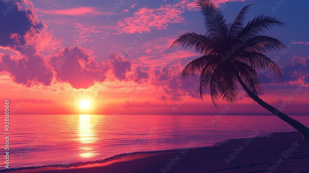 A stunning tropical beach scene with a leaning palm tree silhouetted against a vibrant sunset over calm ocean waters. A stunning tropical beach scene with a leaning palm tree silhouetted against a vibrant sunset over calm ocean waters.