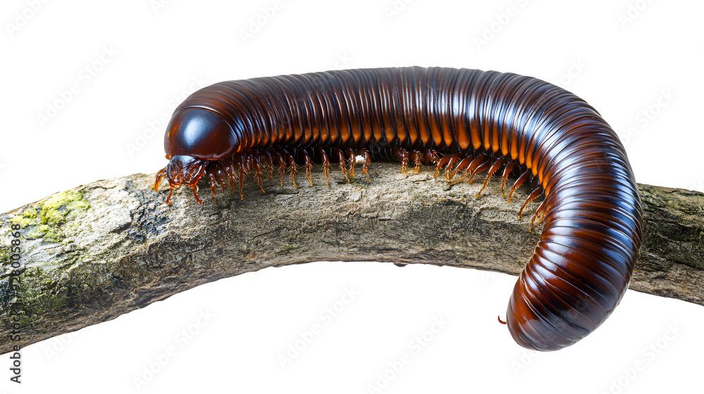 Close-up of a large millipede on a branch with a transparent background, highlighting its segmented body and numerous legs. Close-up of a large millipede on a branch with a transparent background, highlighting its segmented body and numerous legs.