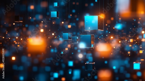 Glowing blue and orange cubes float in a dark digital space filled with light particles.
