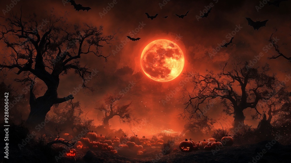 An eerie Halloween landscape featuring a glowing blood moon, twisted trees, jack-o'-lanterns, and bats flying across a dark, foggy sky. An eerie Halloween landscape featuring a glowing blood moon, twisted trees, jack-o'-lanterns, and bats flying across a dark, foggy sky.