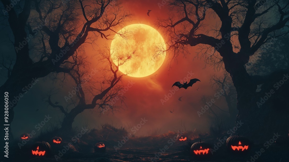 An eerie Halloween landscape featuring a glowing blood moon, twisted trees, jack-o'-lanterns, and bats flying across a dark, foggy sky. An eerie Halloween landscape featuring a glowing blood moon, twisted trees, jack-o'-lanterns, and bats flying across a dark, foggy sky.