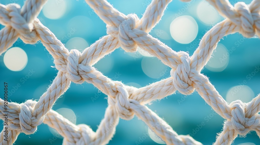 A detailed close-up of a white rope tied in a knot against a soft, blurred turquoise water background. A detailed close-up of a white rope tied in a knot against a soft, blurred turquoise water background.