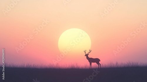 A majestic deer stands in silhouette against a vibrant sunset with a large setting sun and a pastel-colored sky.
