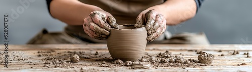 A skilled artisan shaping a clay pot on a wooden table, showcasing the beauty of pottery craftsmanship and creativity.