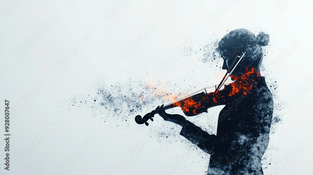 Fototapeta premium A striking silhouette of a violinist creating a fiery, artistic explosion, symbolizing passion and creativity in music.