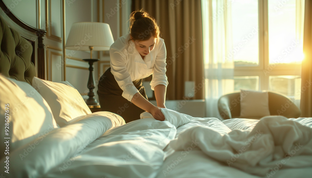 Professional chambermaid making bed in hotel room Professional chambermaid making bed in hotel room