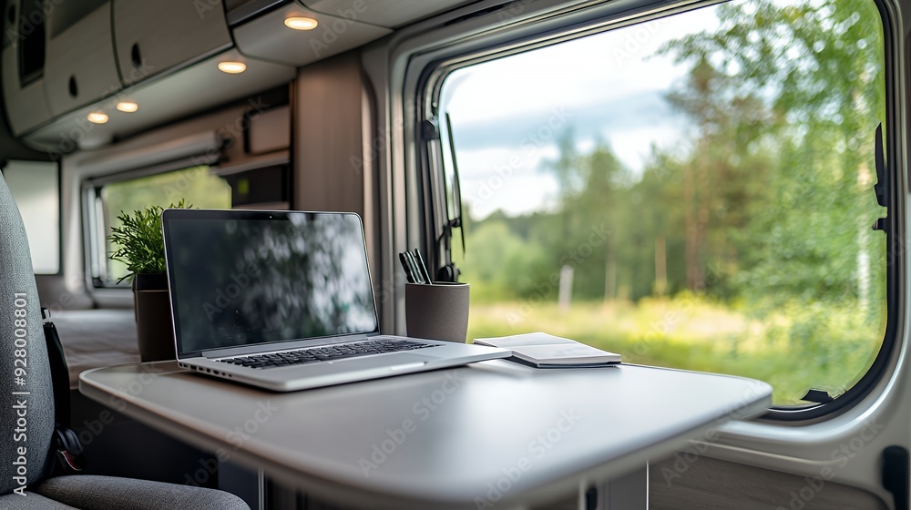 A laptop, notebook and potted plant sit on a table inside a motorhome with a view of a green forest through the window.
