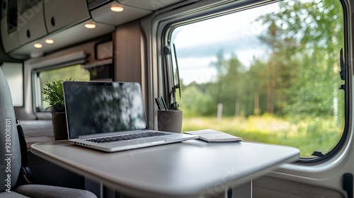 Obraz na płótnie A laptop, notebook and potted plant sit on a table inside a motorhome with a view of a green forest through the window. w salonie