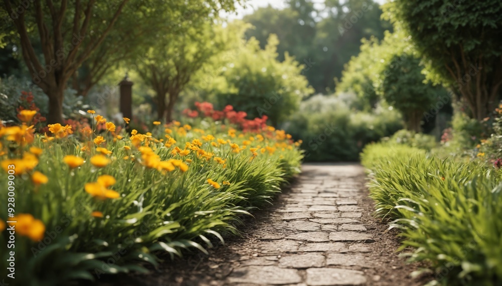 A sun-dappled path through a lush summer garden A sun-dappled path through a lush summer garden