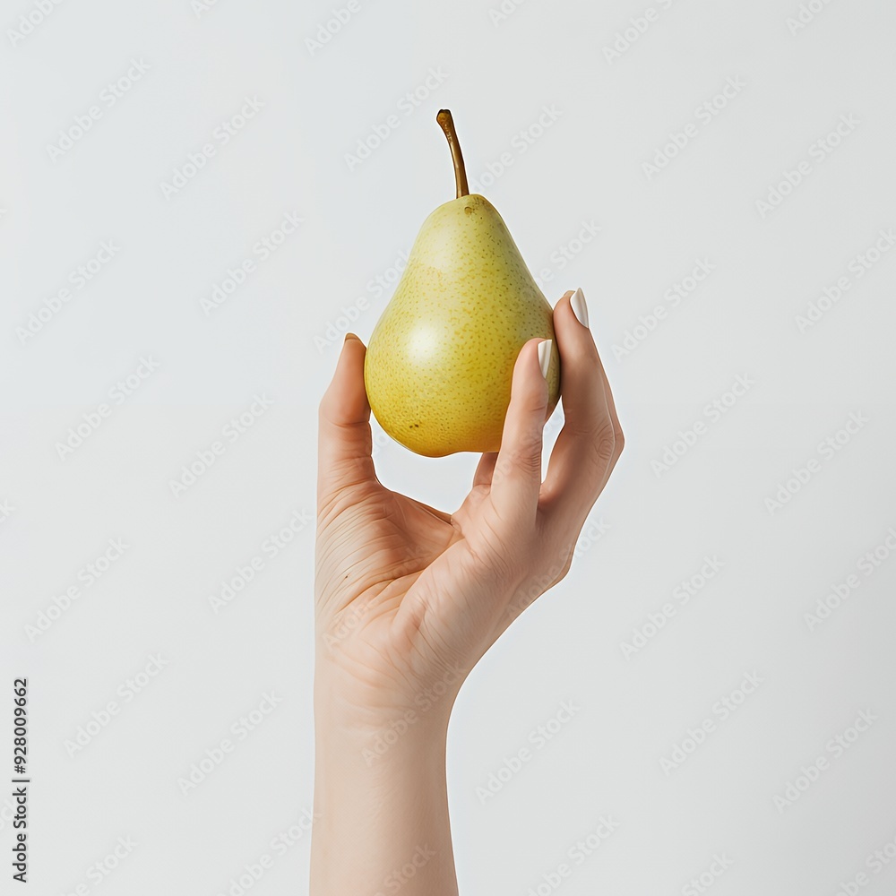 Closeup of a hand holding a fresh green pear against a white background. Closeup of a hand holding a fresh green pear against a white background.