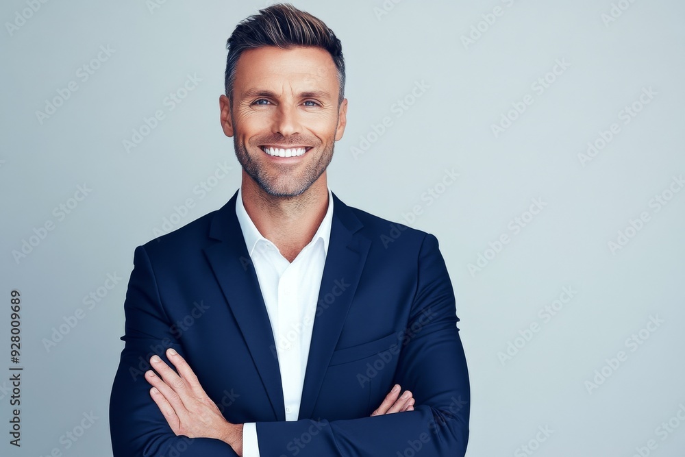 Confident Man in Business Attire with Arms Crossed, Smiling at Camera, Wearing Navy Suit and White Shirt, Studio Portrait with Light Grey Background Confident Man in Business Attire with Arms Crossed, Smiling at Camera, Wearing Navy Suit and White Shirt, Studio Portrait with Light Grey Background