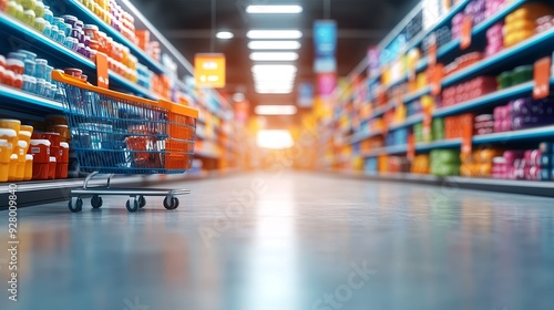 Wallpaper Mural A vibrant supermarket aisle with colorful products and a shopping cart ready for use, capturing the essence of modern shopping. Torontodigital.ca