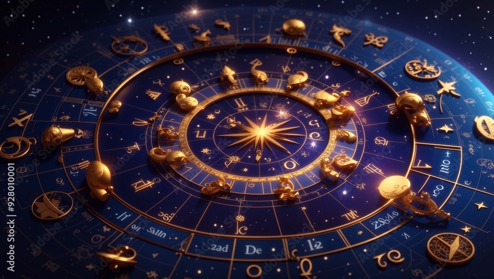 a zodiac wheel with gold symbols on a blue background. a zodiac wheel with gold symbols on a blue background.