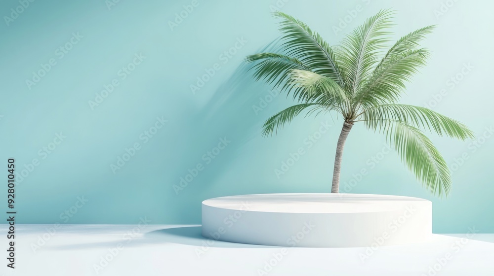 3D Render of White Podium Cylinder with Palm Tree on Summer. 3D Render of White Podium Cylinder with Palm Tree on Summer.