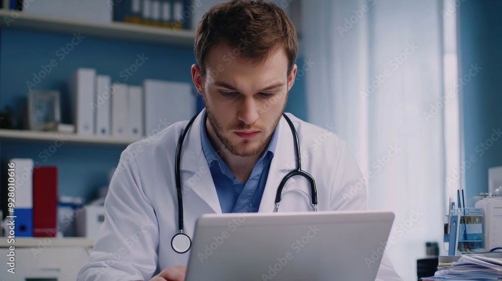 Young Male Doctor Using Laptop for Health Records. Young Male Doctor Using Laptop for Health Records.