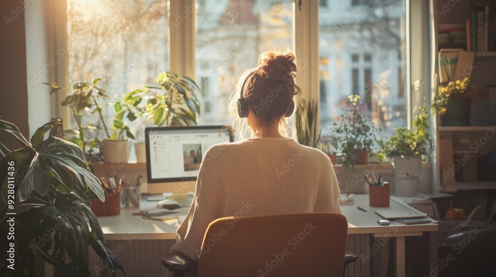 Woman Working From Home With Headphones On. Woman Working From Home With Headphones On.