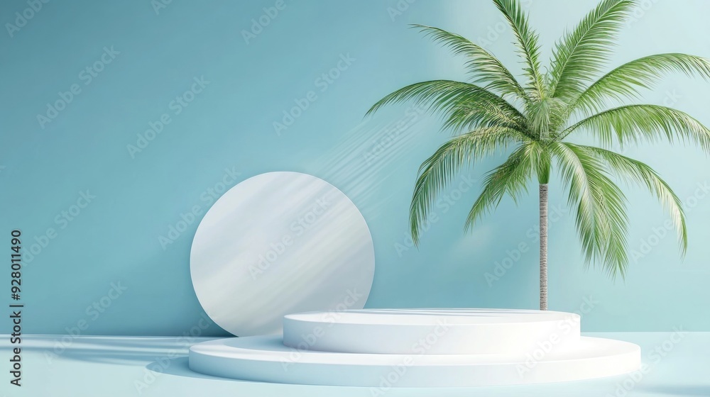 3D Render of White Podium Cylinder with Palm Tree on Summer. 3D Render of White Podium Cylinder with Palm Tree on Summer.