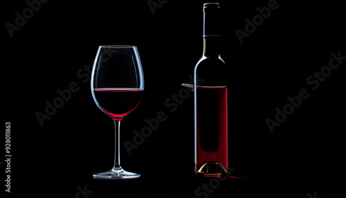 Dark studio shot of bottle and glass of red wine