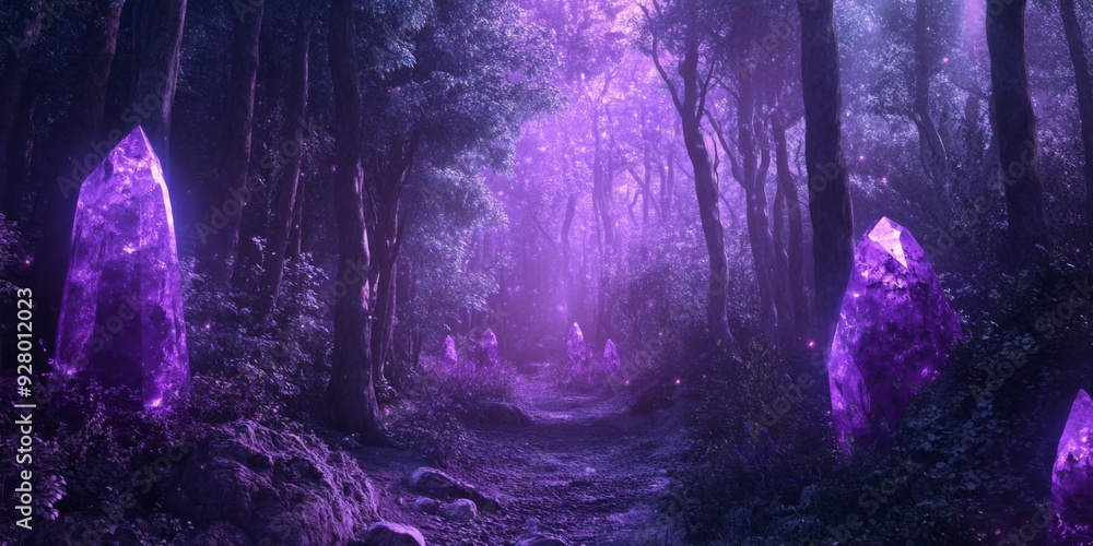 Fototapeta premium Enchanted Amethyst Forest: Anime-Style Night in the Mystical Land of Purple Crystals for Seasonal Celebrations and Fantasy Art,anime-style,illustration,Picture BooksFor Poster,Novel,UI,WEB,Game,Design