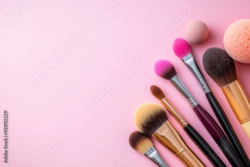 Makeup brushes and sponges used to apply makeup flat lay with space for words on pink background with generative ai