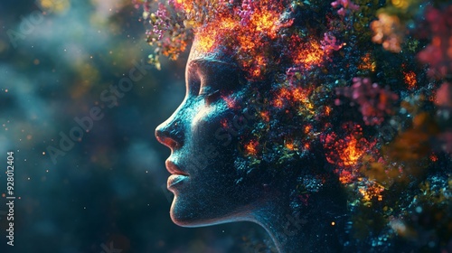 A captivating abstract digital artwork featuring a woman's profile blended with vibrant, glowing floral elements, symbolizing the fusion of nature and technology.