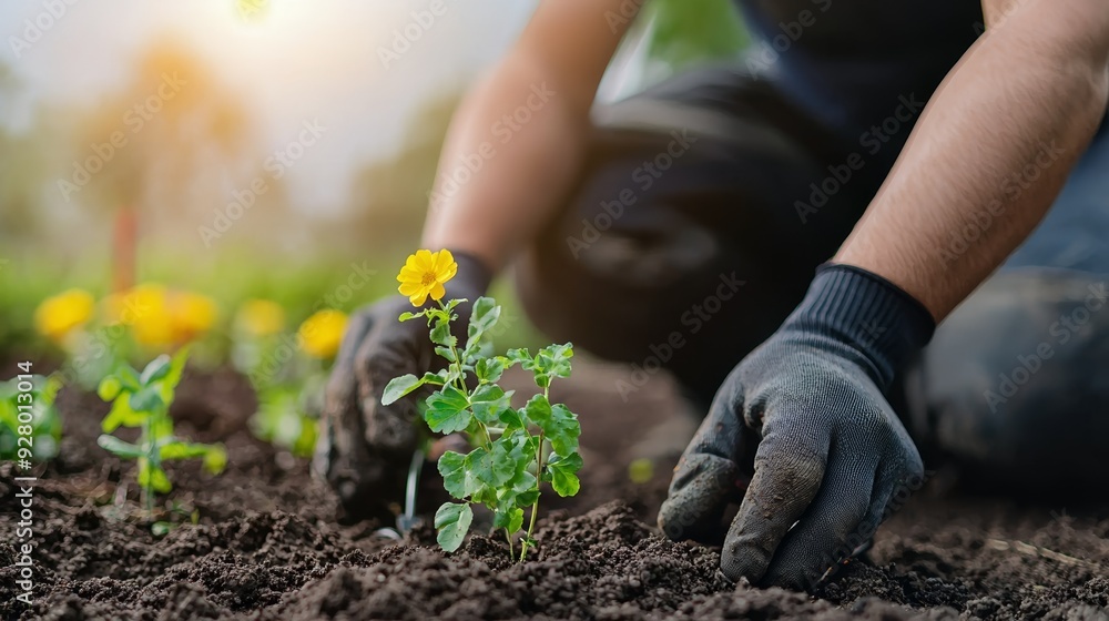 Fototapeta premium Gardener planting vibrant yellow flower in rich soil, showcasing dedication to gardening and nurturing nature's beauty.