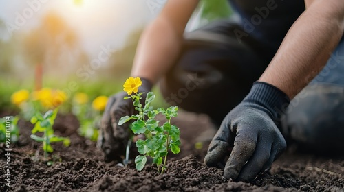 Gardener planting vibrant yellow flower in rich soil, showcasing dedication to gardening and nurturing nature's beauty.