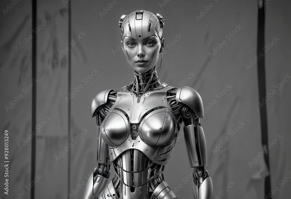 robotic model in a minimal costume that juxtaposes sharply against her smooth, metallic skin, stands before an alternating black and white striped background
