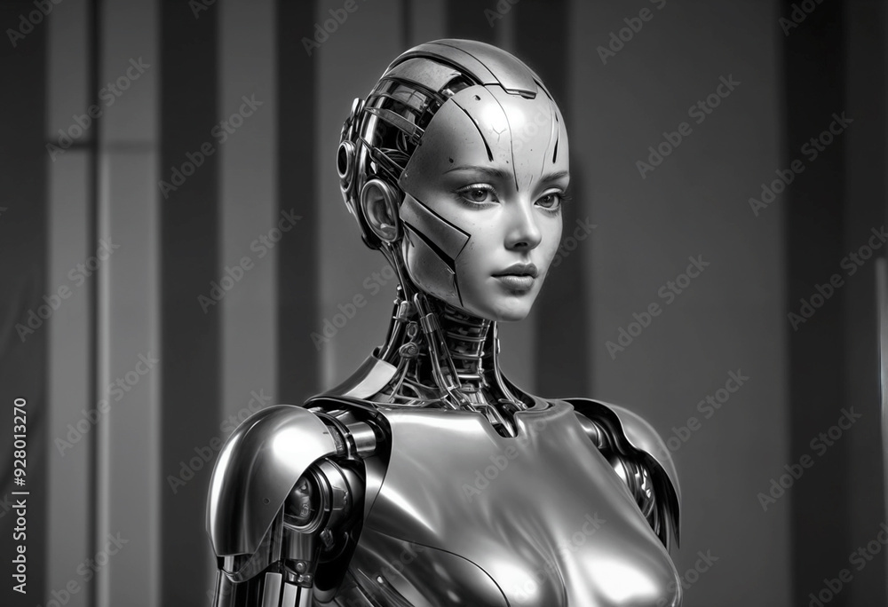robotic model in a minimal costume that juxtaposes sharply against her smooth, metallic skin, stands before an alternating black and white striped background robotic model in a minimal costume that juxtaposes sharply against her smooth, metallic skin, stands before an alternating black and white striped background