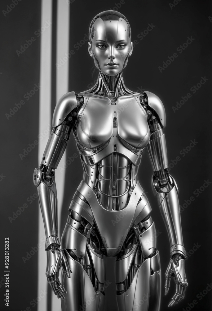 robotic model in a minimal costume that juxtaposes sharply against her smooth, metallic skin, stands before an alternating black and white striped background robotic model in a minimal costume that juxtaposes sharply against her smooth, metallic skin, stands before an alternating black and white striped background