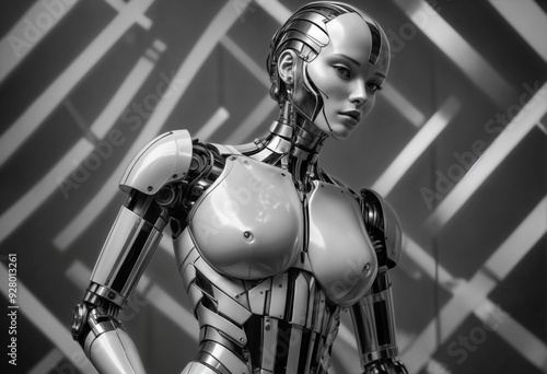 robotic model in a minimal costume that juxtaposes sharply against her smooth, metallic skin, stands before an alternating black and white striped background photo