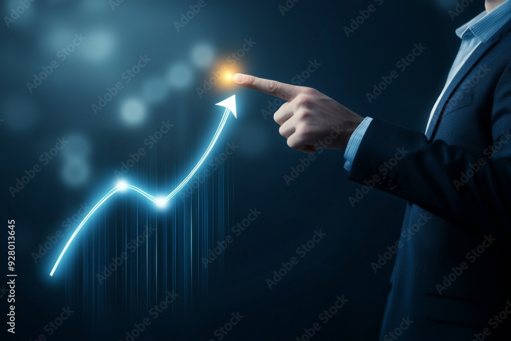 Businessman Pointing at Glowing Upward Arrow on Growing Graph Line, High Resolution Business Growth Concept, Close-Up of Blue Trending Chart on Transparent Background Businessman Pointing at Glowing Upward Arrow on Growing Graph Line, High Resolution Business Growth Concept, Close-Up of Blue Trending Chart on Transparent Background