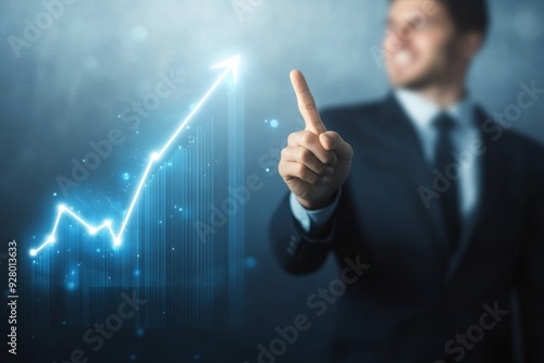 Businessman Pointing at Glowing Upward Arrow on Growing Graph Line, High Resolution Business Growth Concept, Close-Up of Blue Trending Chart on Transparent Background