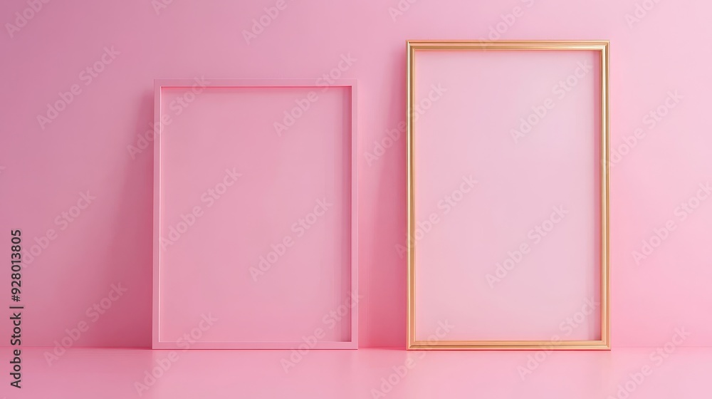 Two gold picture frames on pink background Two gold picture frames on pink background