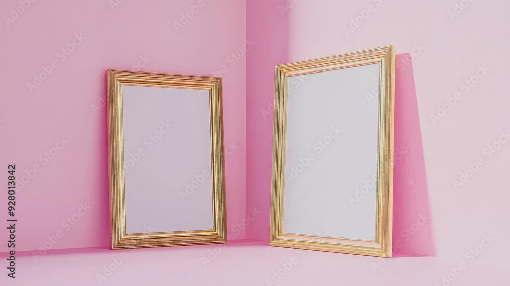 Two gold picture frames on pink background Two gold picture frames on pink background
