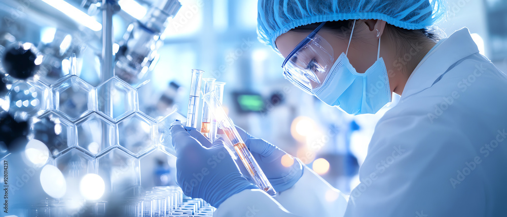 © kiewkoii - Scientist in a modern laboratory conducting research with test tubes and advanced equipment, highlighting innovation in medical science.