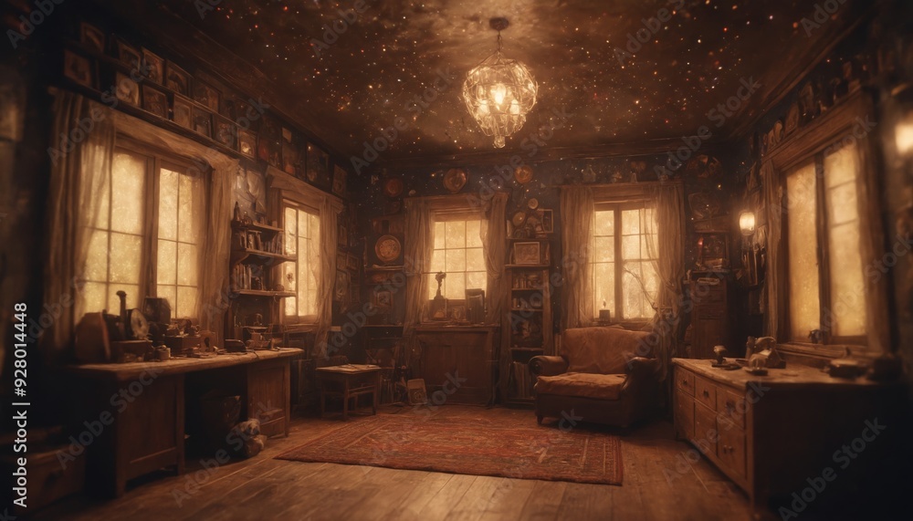A golden hour glow in a rustic country cottage living room A golden hour glow in a rustic country cottage living room