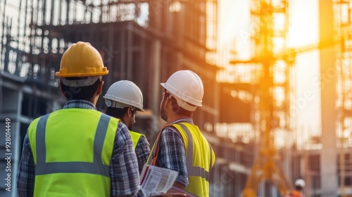 Three construction workers in hard hats and safety vests discussing plans on a building site.