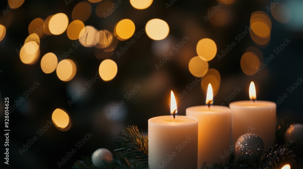 Three Candles Glowing in the Warmth of Christmas Lights Three Candles Glowing in the Warmth of Christmas Lights