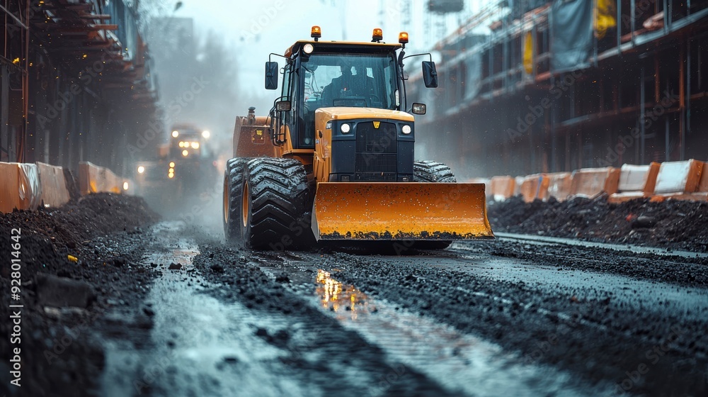 Road construction equipment is working on a section of road, creating noise and dust. Workers coordinate the process. Road construction equipment is working on a section of road, creating noise and dust. Workers coordinate the process.