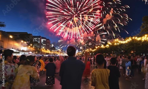 Crowd Watching Fireworks Display in Urban Setting