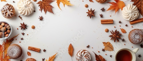 Fototapeta Naklejka Na Ścianę i Meble -  A cozy autumn scene featuring delicious desserts and warm spices surrounded by colorful leaves.