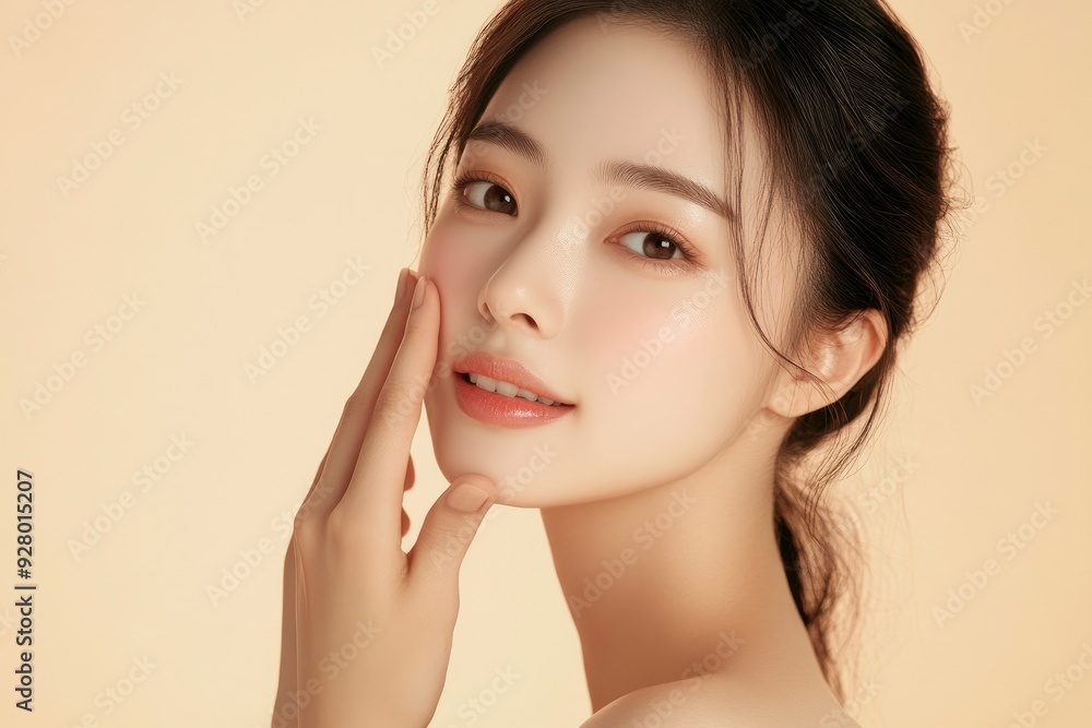 Skincare. Woman with beautiful face touching healthy facial skin portrait. Beautiful smiling Asian girl model with natural makeup enjoys glowing hydrated skin on beige with generative ai Skincare. Woman with beautiful face touching healthy facial skin portrait. Beautiful smiling Asian girl model with natural makeup enjoys glowing hydrated skin on beige with generative ai