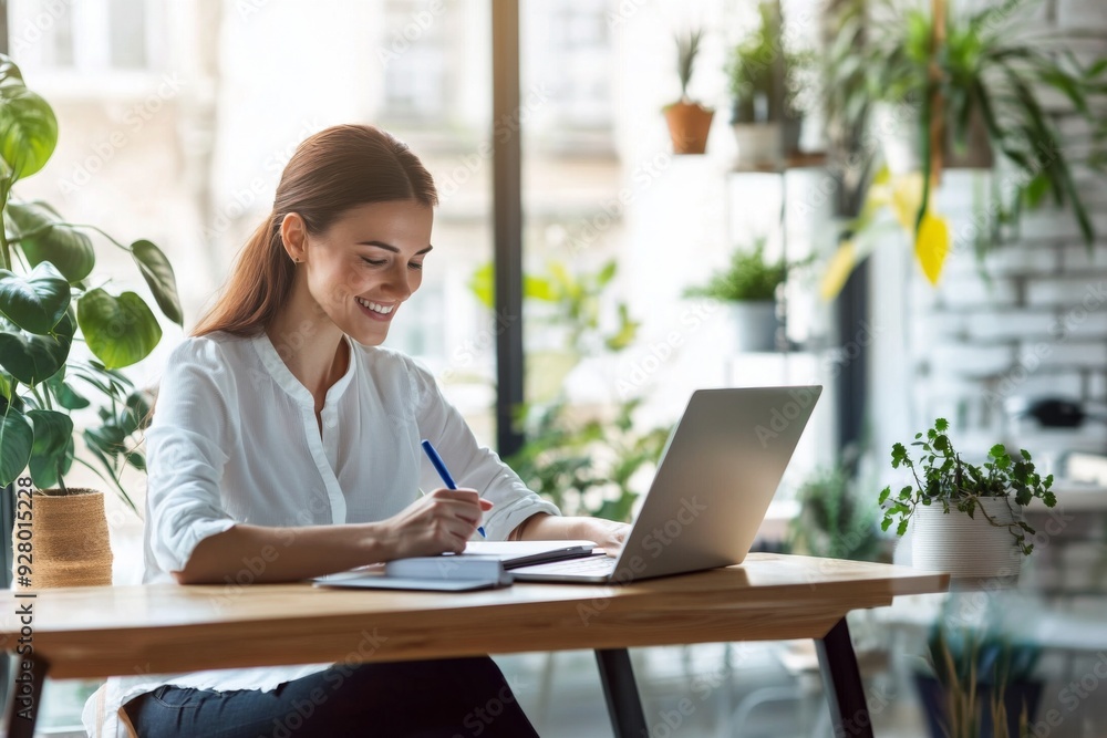 A happy woman working on a laptop at her modern office desk, surrounded by green plants and natural light, creating a comfortable and productive work environment. A happy woman working on a laptop at her modern office desk, surrounded by green plants and natural light, creating a comfortable and productive work environment.