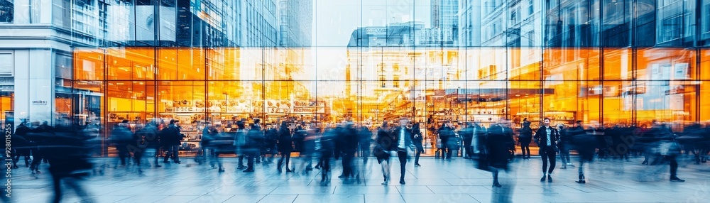 Fototapeta premium Vibrant city scene with blurred crowd in front of a striking modern building, representing urban life and hustle.
