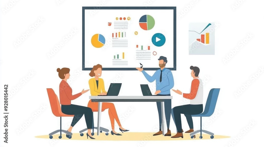 A business meeting with four colleagues discussing financial charts on a white board. A business meeting with four colleagues discussing financial charts on a white board.