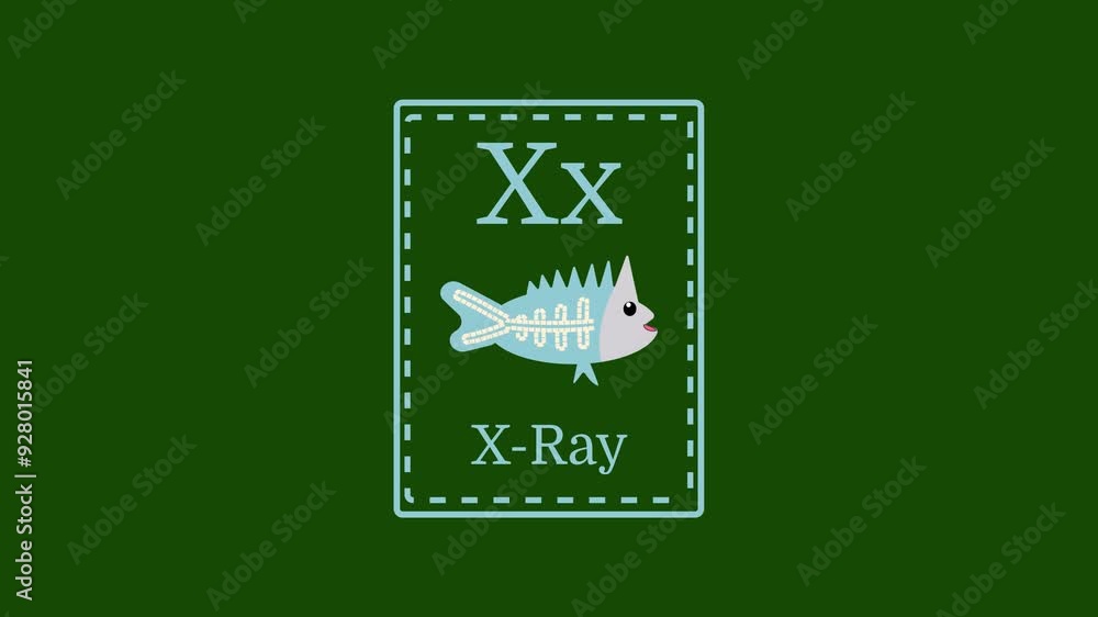 Letter x for x ray 2d cartoon style card for little kids animation on