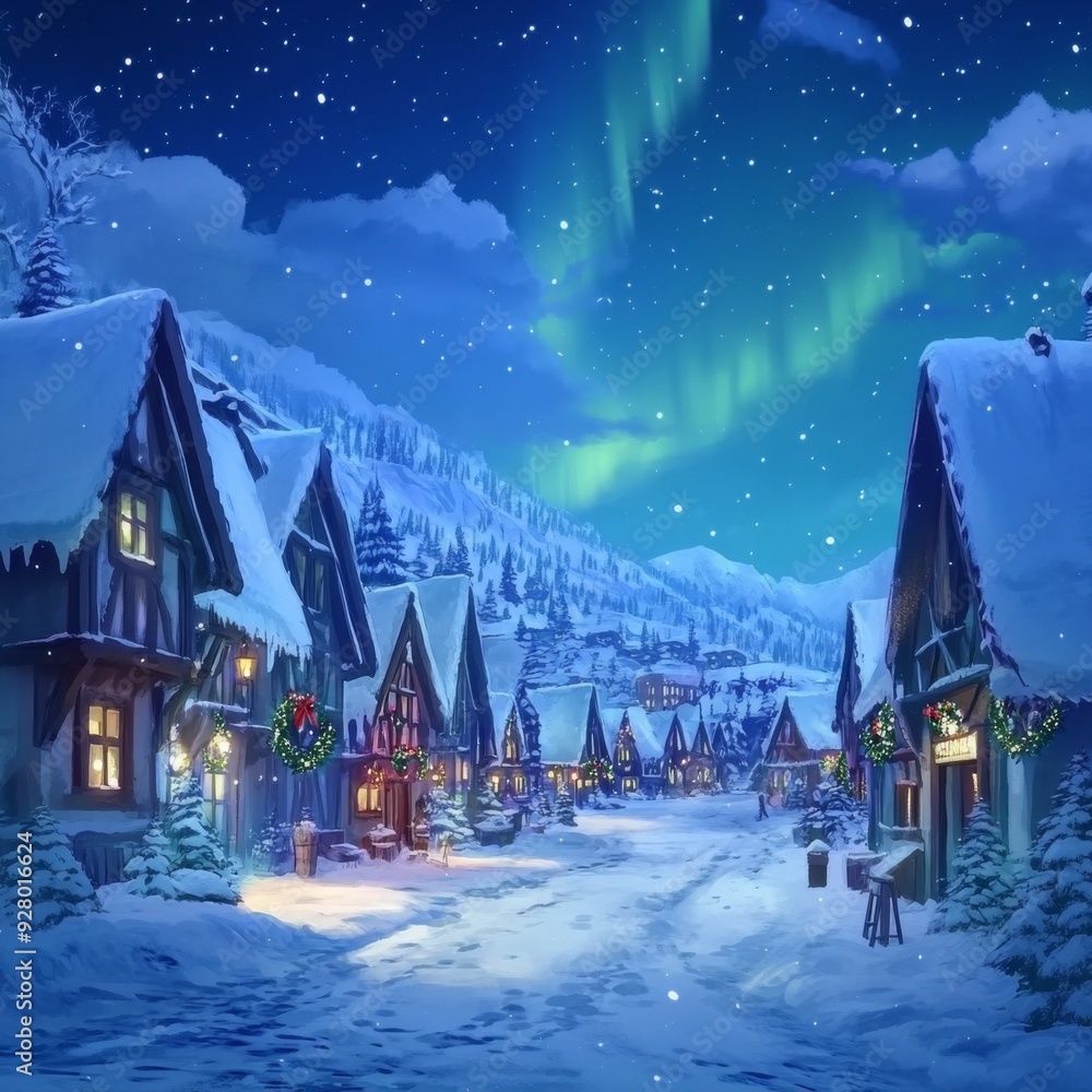 Fototapeta premium Enchanted Winter Wonderland: anime-styleSnow City and Northern Lights Create a Christmas Fantasy for the 2025 Holiday Season,Anime-Style,illustration,Picture BooksFor Poster,Novel,UI,WEB,Game,Design